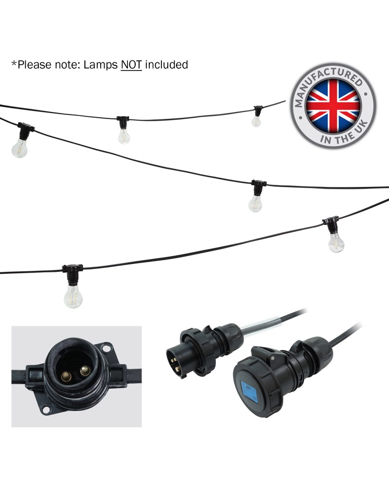 10m BC Heavy Duty Rubber Festoon, 0.33m Spacing with 16A Plug and Socket